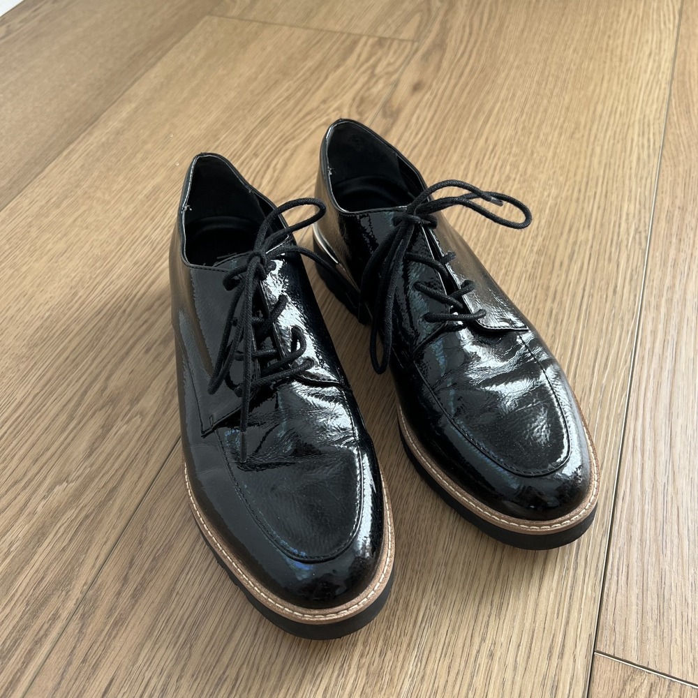 Franco Sarto Glossy Black Patent Leather Charles Lug Sole Oxfords Women's US 8.5